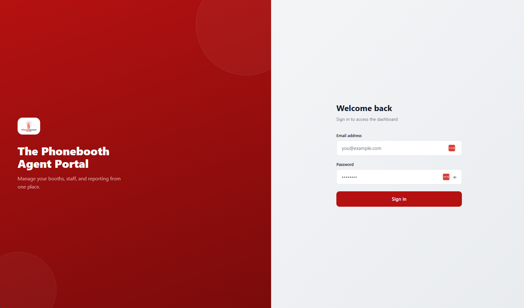 The Phonebooth Agent Portal secure login screen