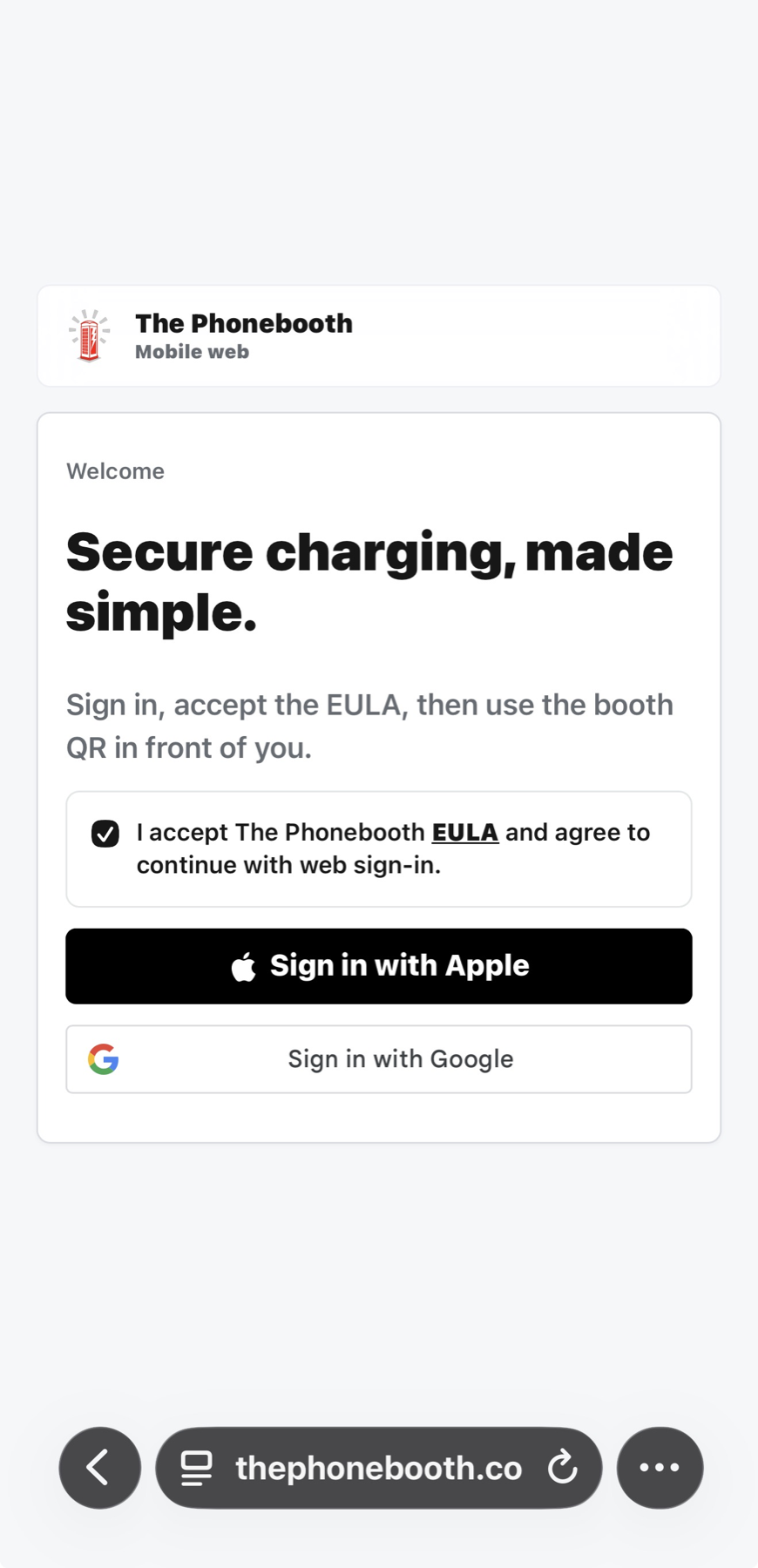 The Phonebooth mobile web sign-in screen