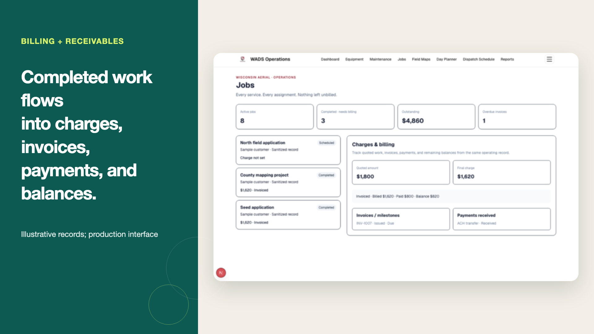 Wisconsin Aerial billing and receivables interface with illustrative records